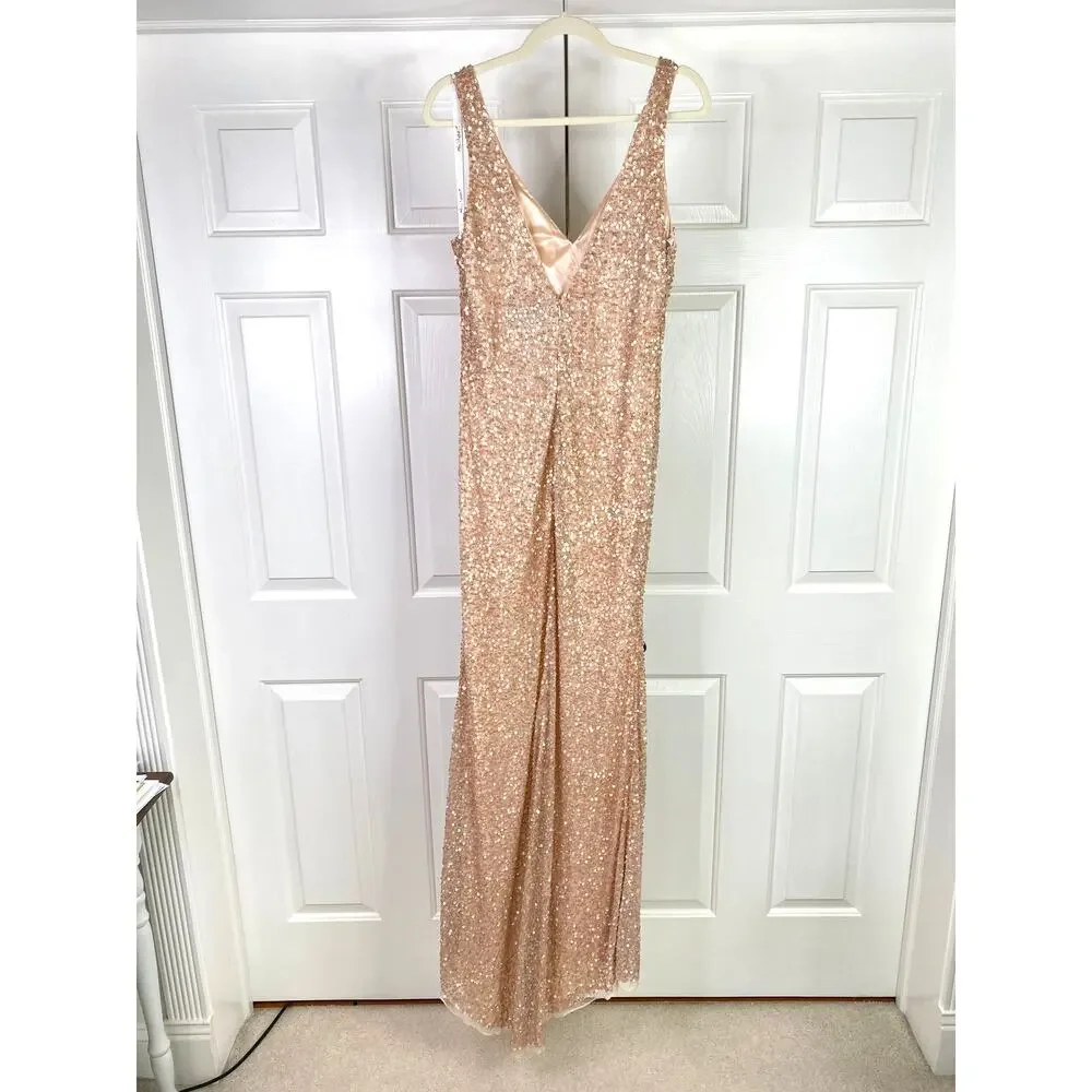 Mac Duggal Sequined Sleeveless V Neck Side‎ Slit Gown, Sz 16, Nude / Rose Gold - Picture 2 of 4